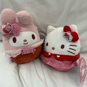 (2) NEW Squishmallows 5” Inch Hello Kitty & My Melody Roses Lace Dress Rose Bow